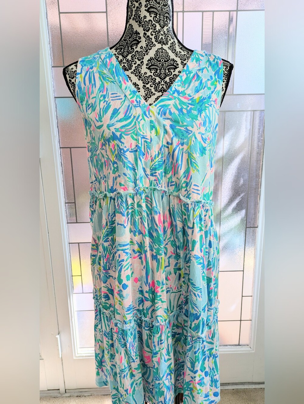 Lilly Pulitzer Lorina Abiza Aqua & Pink Floral Tiered V-Neck Dress